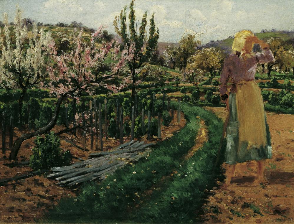 Theodor von Hörmann, Mädchen im Obstgarten, um 1890, Öl auf Holz, 22 x 27 cm, Belvedere, Wien, …