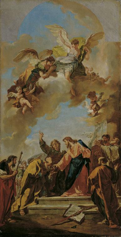 Paul Troger nach Giovanni Battista Pittoni, Die Schlüsselübergabe an Petrus, Öl auf Leinwand, 9…