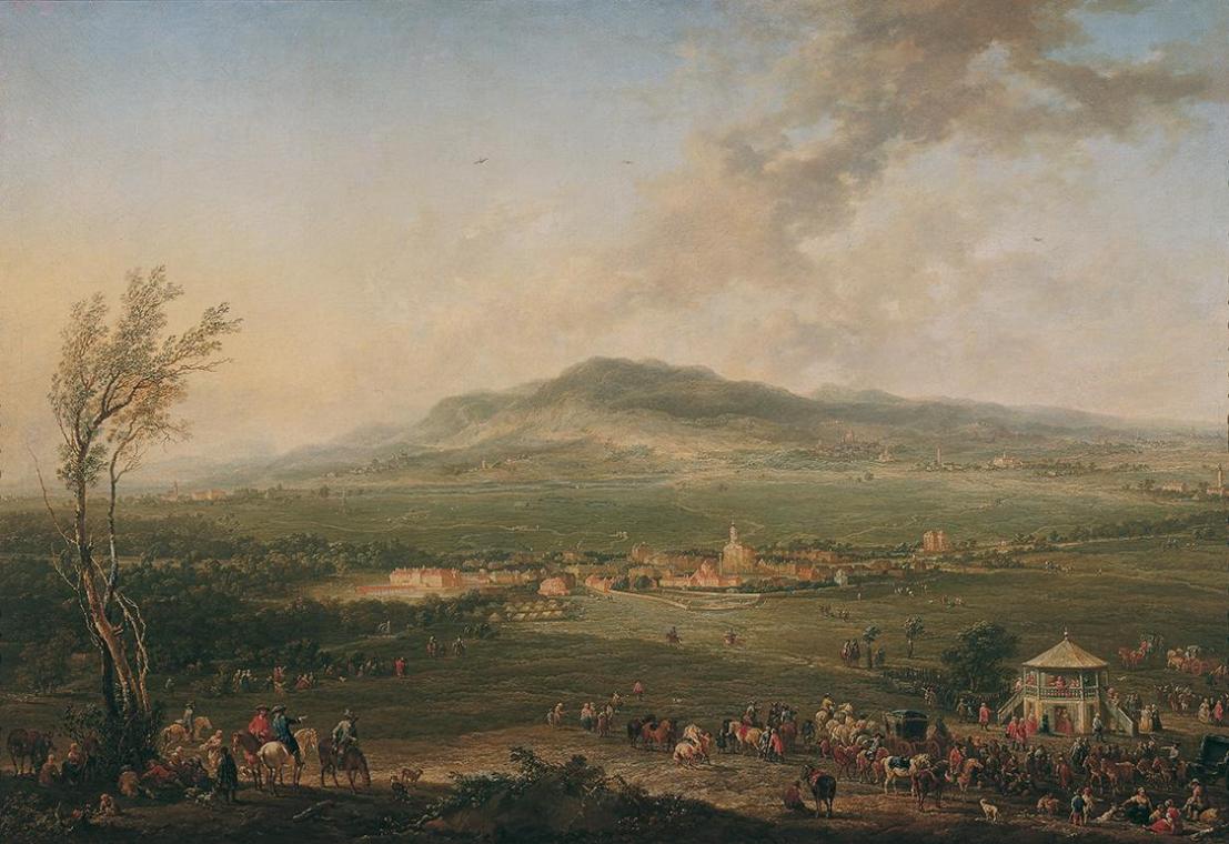 Johann Christian Brand, Laxenburg vom Lusthaus auf der Hanawiese gegen Mödling, 1758, Öl auf Le ...