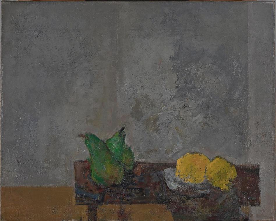 Gerhart Frankl, Stillleben mit Birnen und Zitronen, 1962, Öl auf Leinwand, 54 × 66,5 cm, Legat …