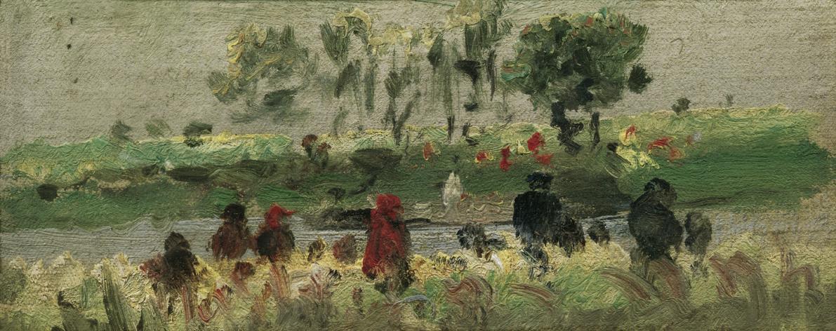 Theodor von Hörmann, Am Flussufer, um 1890, Öl auf Leinwand, 6,2 x 15,6 cm, Belvedere, Wien, In…