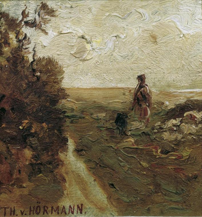 Theodor von Hörmann, Spaziergänger in Landschaft, um 1890, Öl auf Leinwand, 9 x 8,6 cm, Belvede…