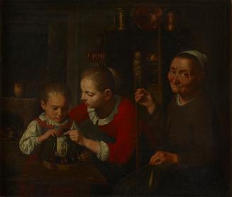 The image depicts three women. An elderly woman is seated on the right, holding an object in her hand. Her features are wrinkled and she has a friendly expression. Two younger women are positioned on the left, engaged in a different activity. One of them, looking at the object, has a concentrated expression, while the other is gazing at her. In the background, various household items are visible, as well as a kind of shelf with utensils. The overall image conveys an intimate, domestic atmosphere…