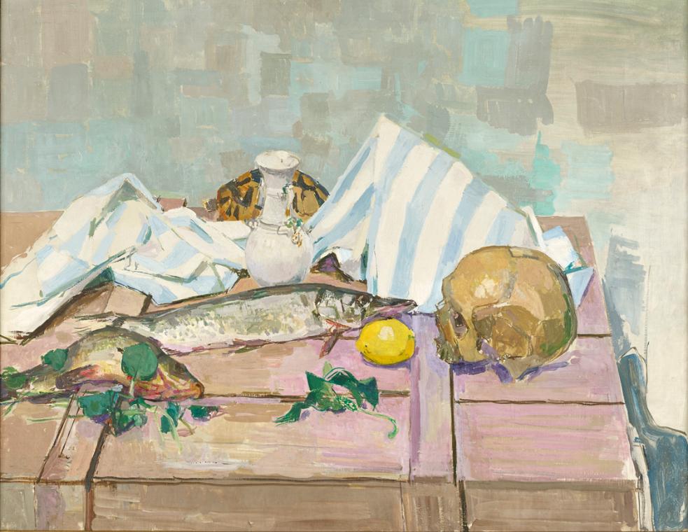 Felix Esterl, Stillleben mit Totenkopf und Fischen, um 1929, Öl auf Leinwand, 71 x 90 cm, Belve…