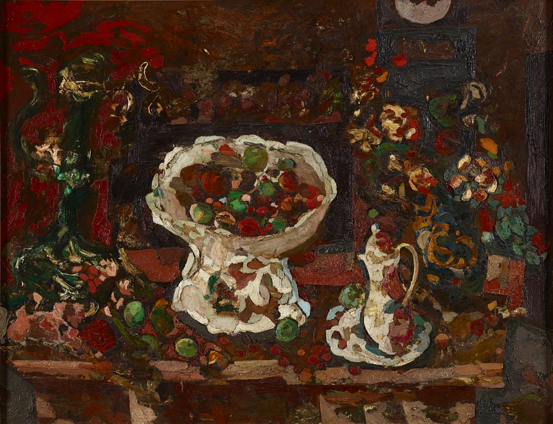 Gustav Hessing, Stillleben mit Früchten, weißer Schale und Kanne, 1938/1945, Öl auf Leinwand, 9…