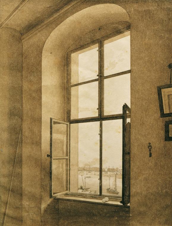 Caspar David Friedrich, Blick aus dem Atelier des Künstlers in Dresden auf die Elbe (linkes Fen…