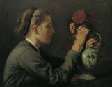 Hans Thoma, Agathe Thoma (1848–1929), die Schwester des Künstlers mit Blumen, um 1868, Öl auf L…