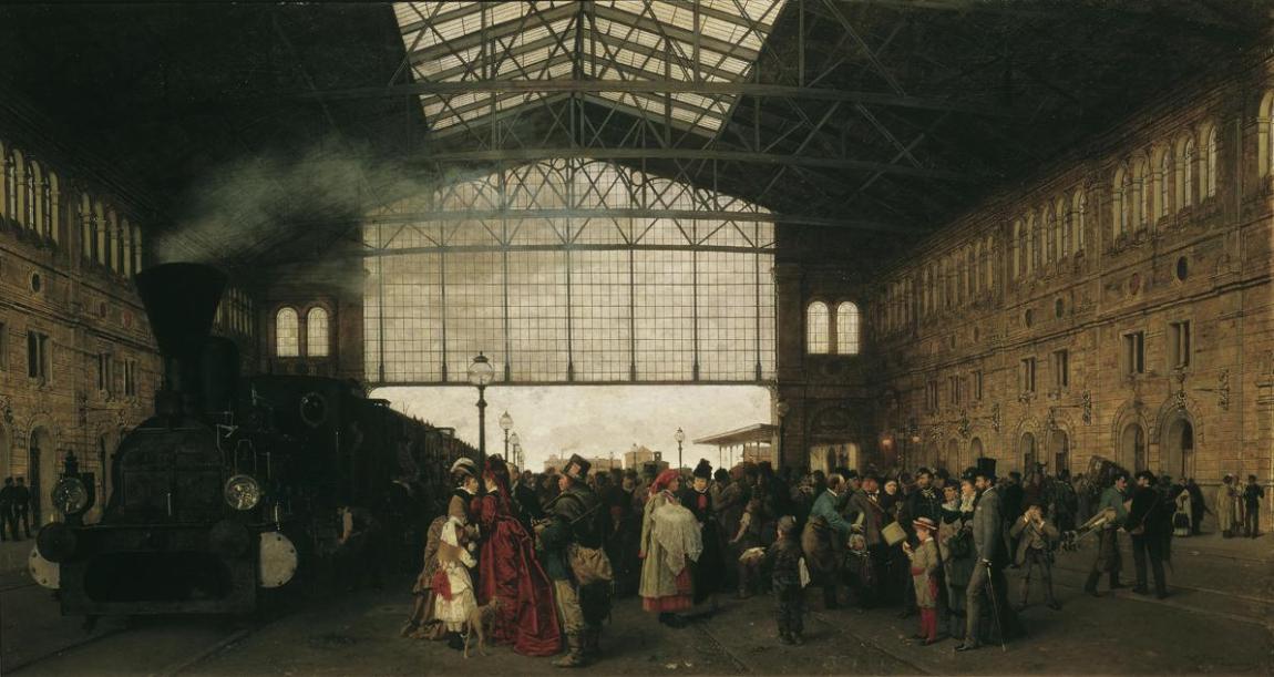 Karl Karger, Ankunft eines Zuges am Nordwestbahnhof in Wien, 1875, Öl auf Leinwand, 91 x 171 cm…