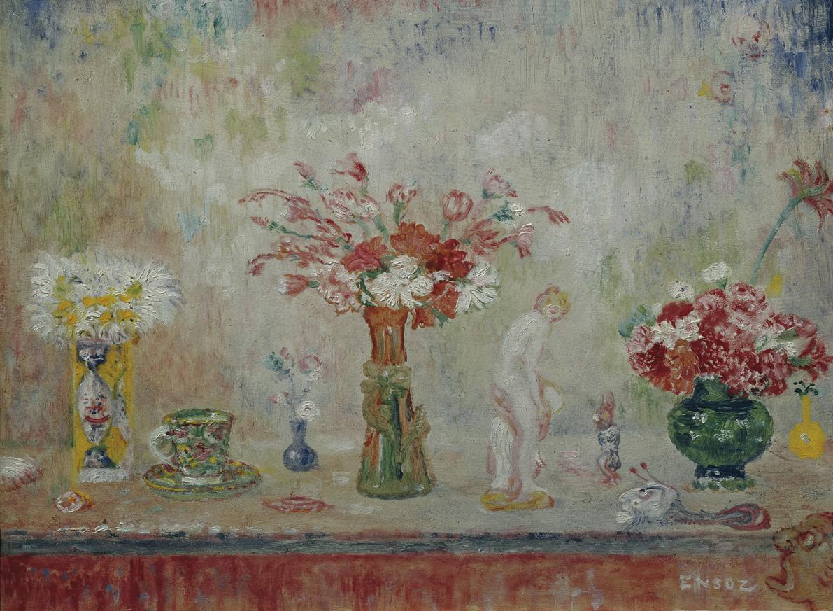 James Ensor, Phantastisches Stillleben, um 1917, Öl auf Holz, 16 x 21,5 cm, Belvedere, Wien, In…