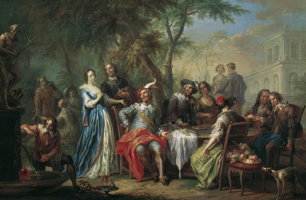 Franz Christoph Janneck, Unterhaltung im Freien mit Wein und Gesang, um 1740, Öl auf Holz, 41 x…