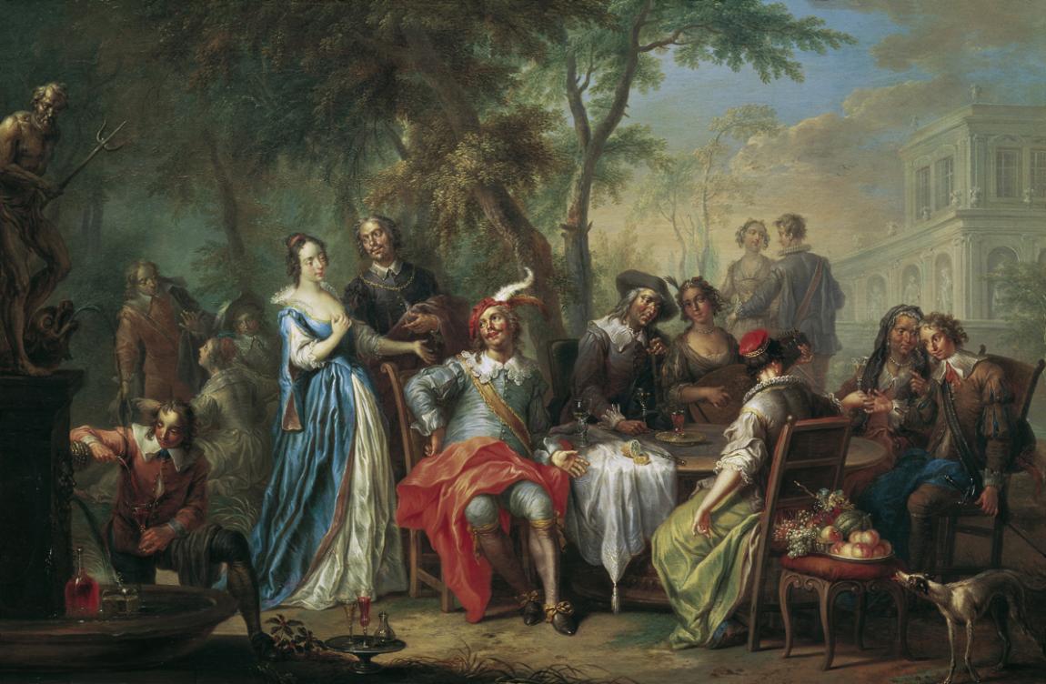 Franz Christoph Janneck, Unterhaltung im Freien mit Wein und Gesang, um 1740, Öl auf Holz, 41 x…