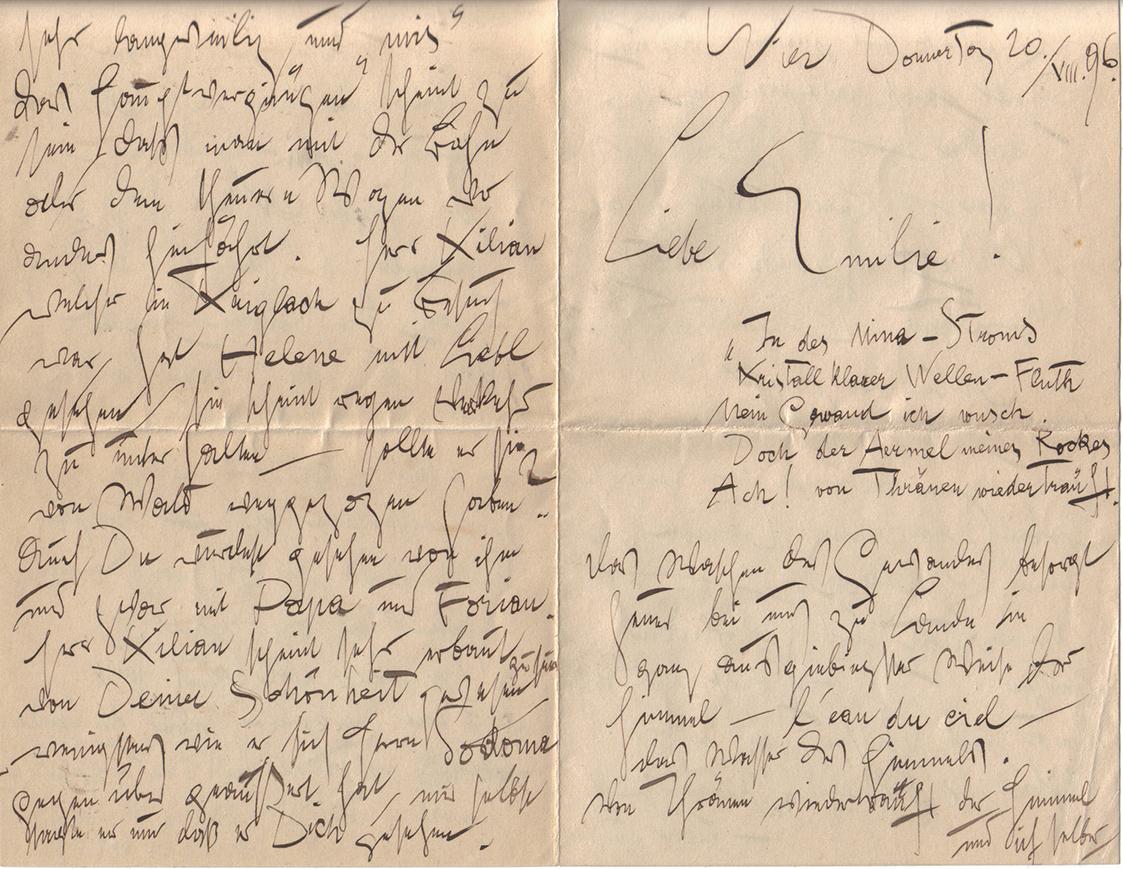 Gustav Klimt, Brief von Gustav Klimt an Emilie Flöge, 20.8.1896, Feder in schwarzer Tusche auf …