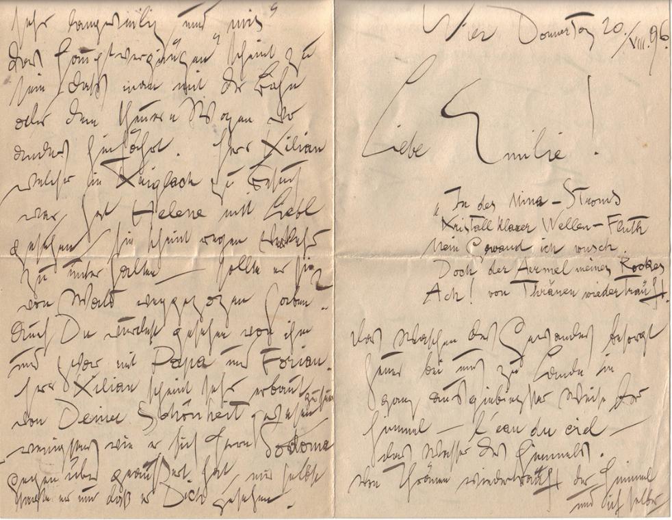 Gustav Klimt, Brief von Gustav Klimt an Emilie Flöge, 20.8.1896, Feder in schwarzer Tusche auf …