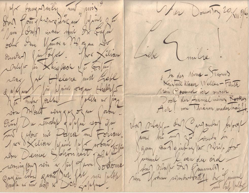 Gustav Klimt, Brief von Gustav Klimt an Emilie Flöge, 20.8.1896, Feder in schwarzer Tusche auf  ...