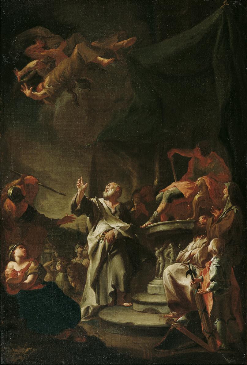 Paul Troger, Der Sturz des Magiers Simon, um 1743, Öl auf Leinwand, 75,5 x 51,5 cm, Belvedere, …