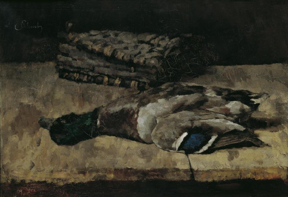 Carl Schuch, Stillleben mit Wildente und Jagdtasche I, 1881, Öl auf Leinwand, 53,5 x 79 cm, Bel ...