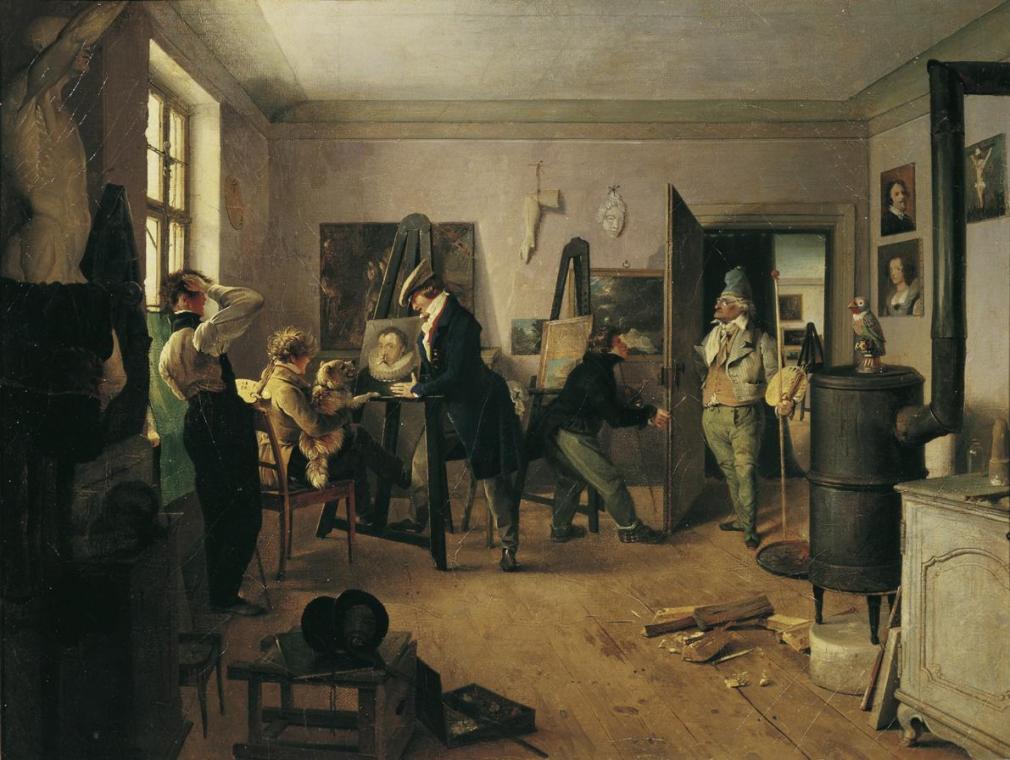 Josef Danhauser, Das Scholarenzimmer, 1828, Öl auf Leinwand, 43,5 x 51,5 cm, Belvedere, Wien, I…