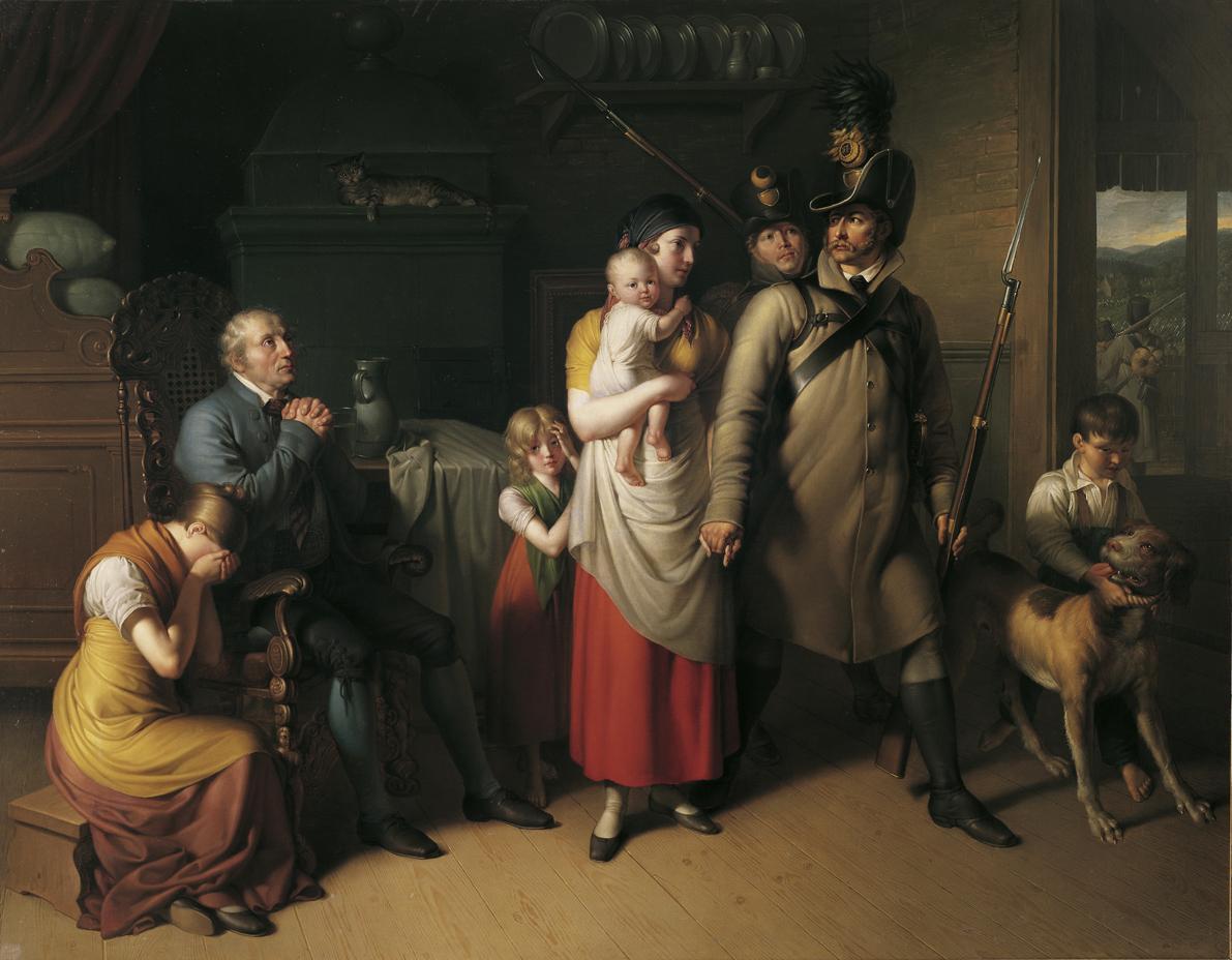 Johann Peter Krafft, Der Abschied des Landwehrmannes, 1813, Öl auf Leinwand, 281 x 351 cm, Belv…