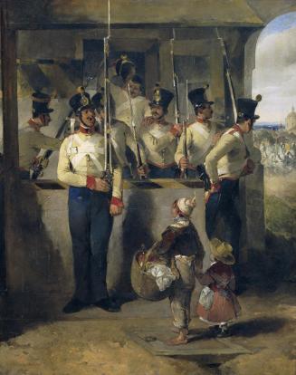 Carl Schindler, Die Schildwache in das Gewehr rufend ("Gewehr heraus!"), 1839, Öl auf Holz, 43  ...