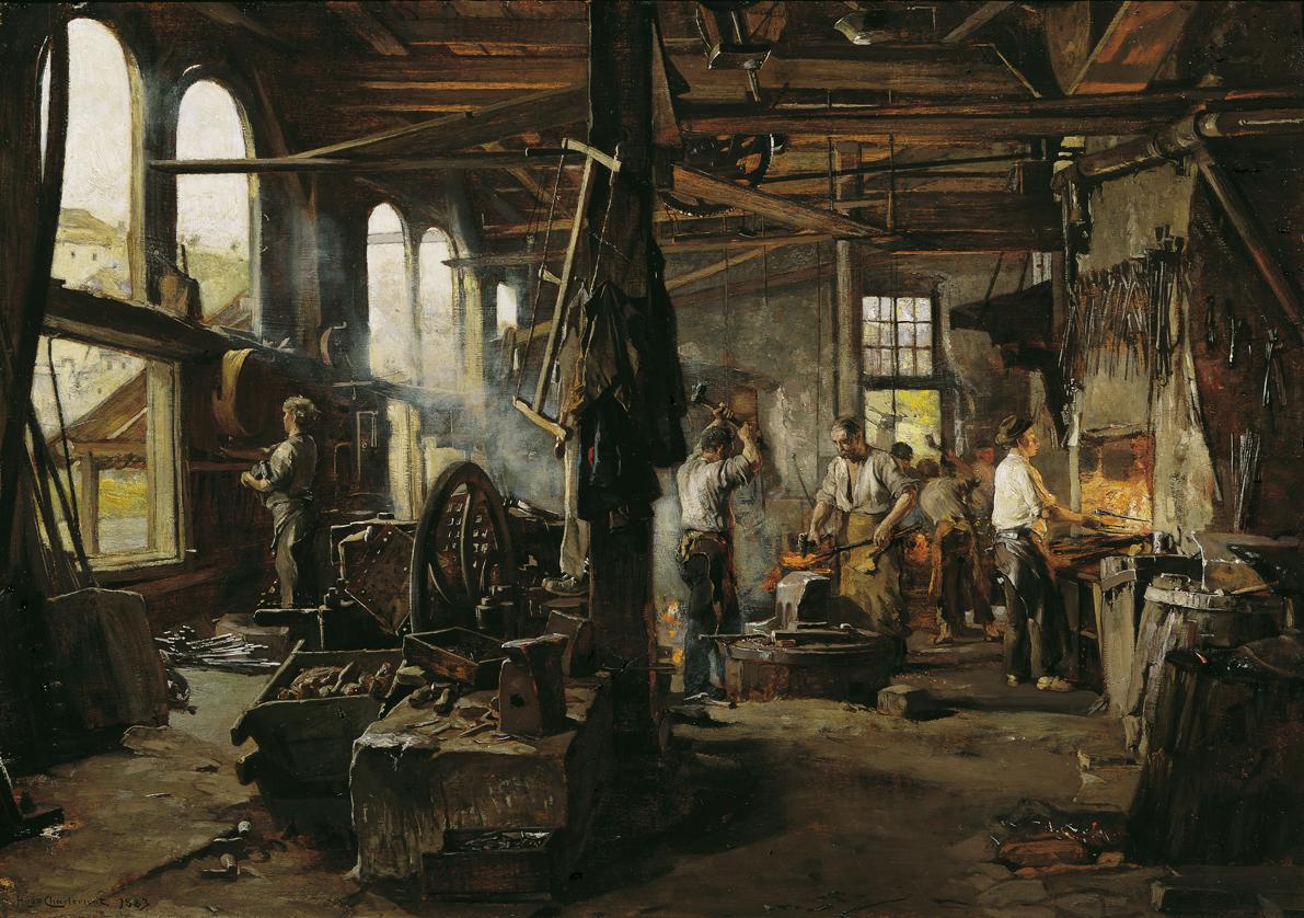 Hugo Charlemont, Interieur einer Hammerschmiede, 1883, Öl auf Holz, 48,5 x 70 cm, Belvedere, Wi…