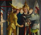 Michael Pacher, Papst Sixtus II. nimmt Abschied vom hl. Laurentius, Detail, um 1465, Malerei au ...