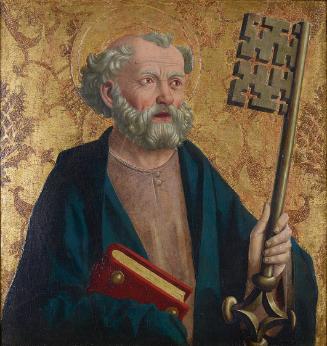 Michael Pacher, Der hl. Laurentius vor Kaiser Decius, um 1465, Malerei auf Zirbenholz, 104 x 10…