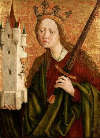 Michael Pacher (Werkstatt), Hl. Barbara, um 1480/1490, Malerei auf Zirbenholz, 54,5 x 41 cm, Be…