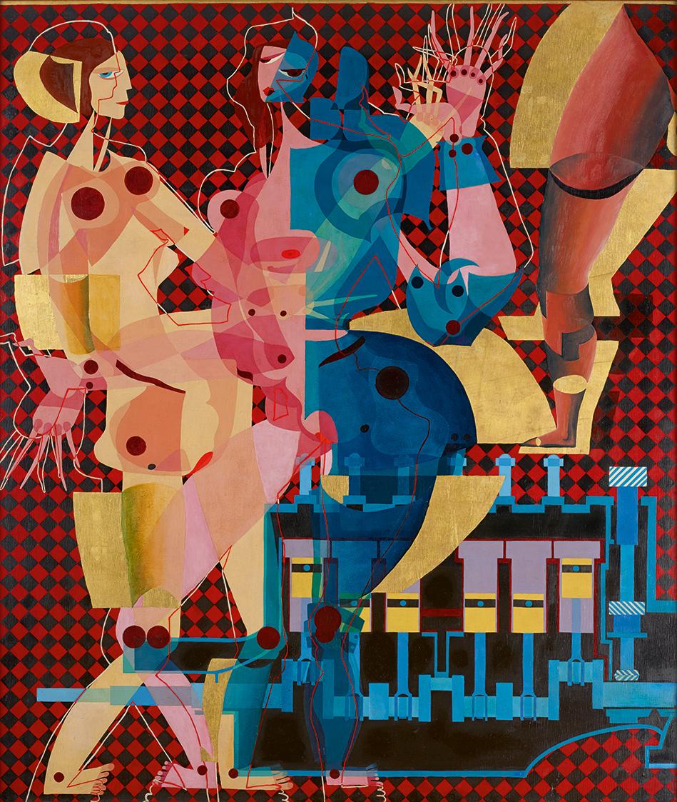 Curt Stenvert, Lesbia contra Motor, 1947, Öl und Blattmetallgold auf Holz, 140 × 120 cm, 1973 A…