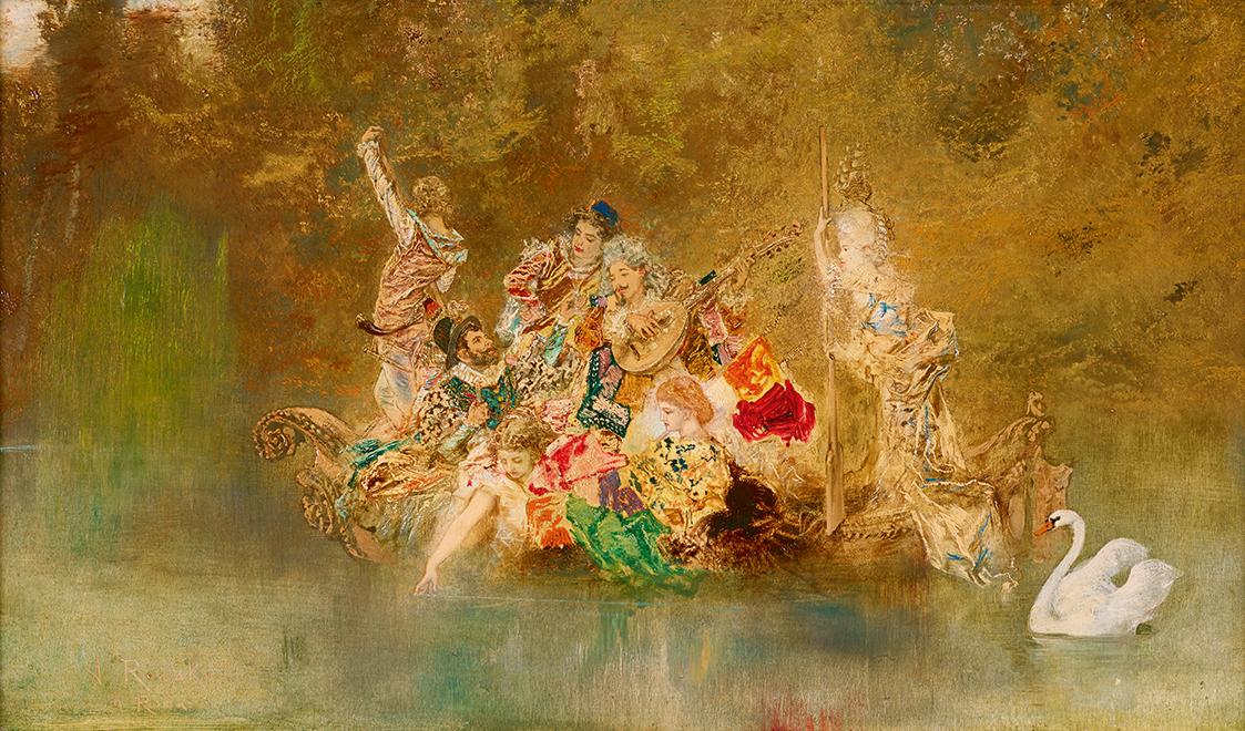 Anton Romako, Lustige Gesellschaft in einer Gondel, um 1873/1876, Öl auf Holz, 33,5 x 56,5 cm, …