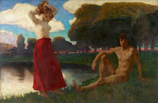 Ludwig von Hofmann, Idyll (Männlicher und weiblicher Halbakt in der Landschaft), 1894/1895, Öl …