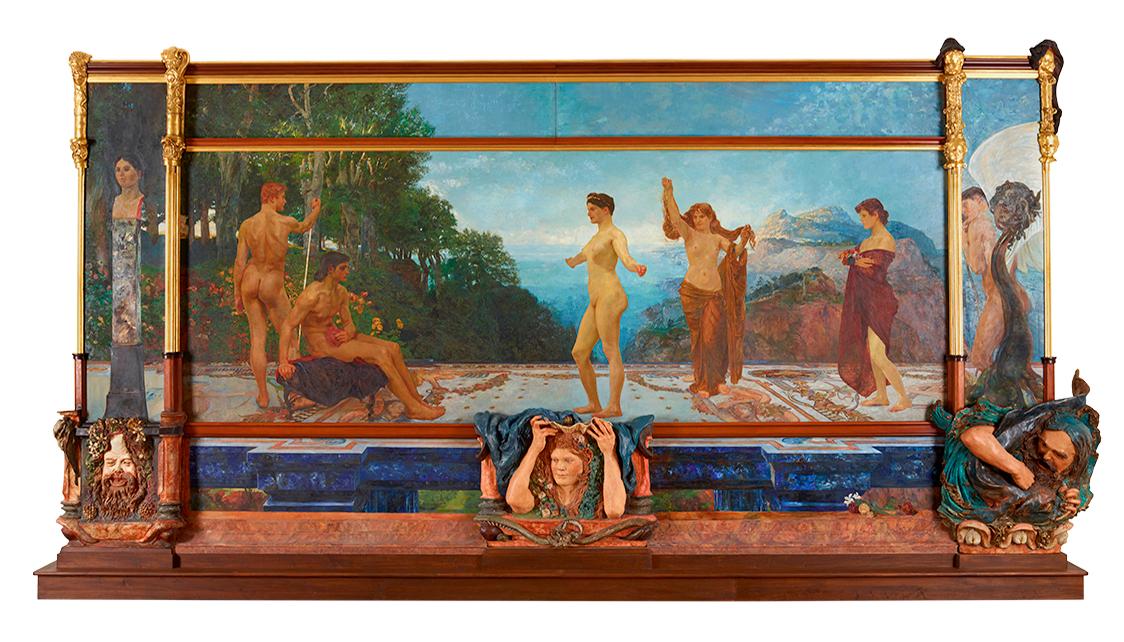 Max Klinger, Das Urteil des Paris, 1885-1887, Öl auf Leinwand, Umrahmung in Holz und Gips, 370 …