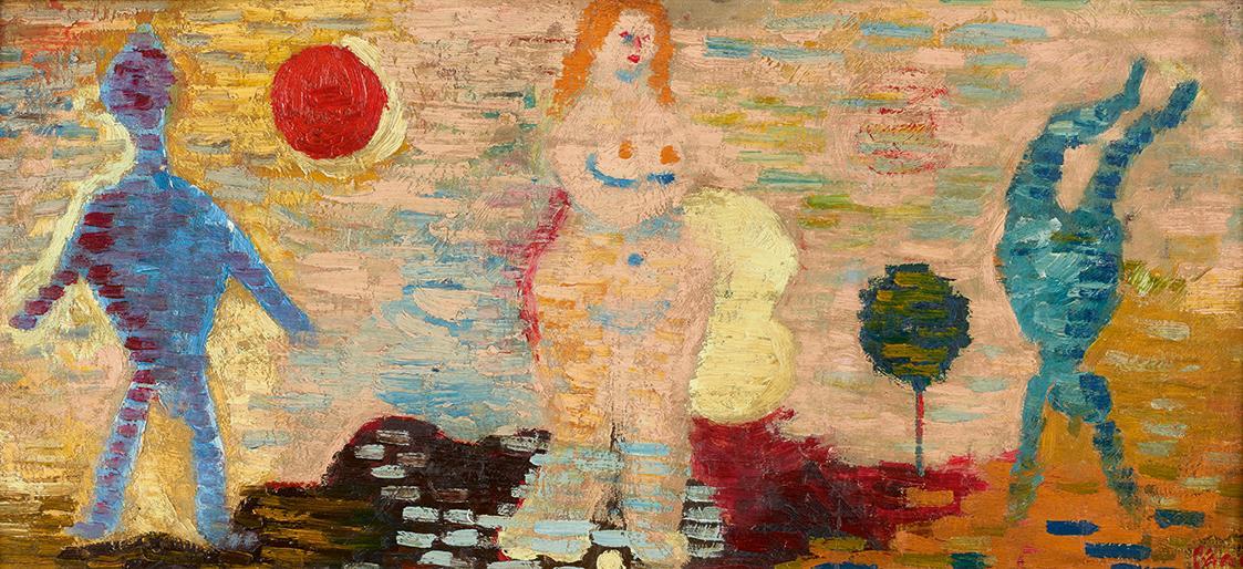 Václav Chad, Familiäre Fröhlichkeit, 1943/1945, Öl auf Leinwand, 30 × 66,5 cm, Dauerleihgabe Sa…