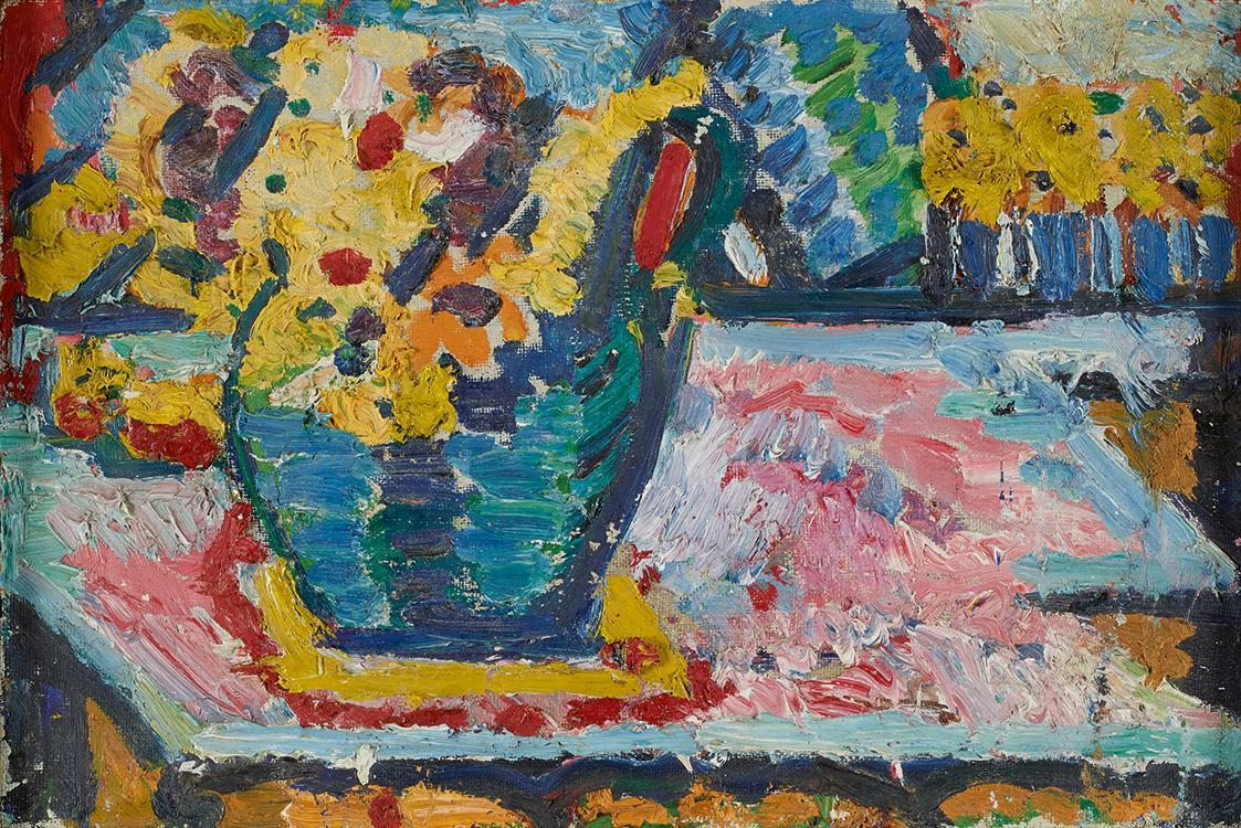 Helene von Taussig, Stillleben mit Blumenkrug, um 1920, Öl auf Leinwand, 30 × 45,5 cm, Leihgabe…