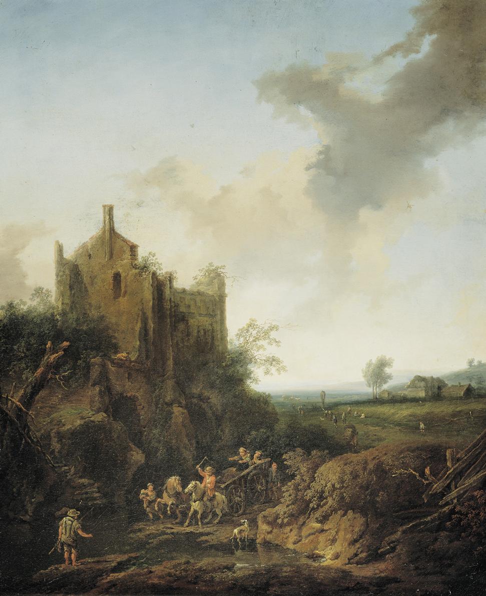 Christian Hilfgott Brandt, Landschaft mit Schlossruine und Pferdewagen, 1746, Öl auf Leinwand, …