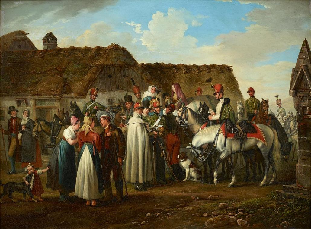 Michael Neder, Husareneinquartierung, 1836, Öl auf Holz, 40 x 53,5 cm, Belvedere, Wien, Inv.-Nr…