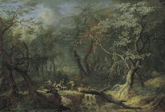 Franz Christoph Janneck, Waldlandschaft mit gestürztem Baum und Jägern, Öl auf Holz, 35 x 50 cm…