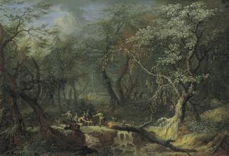 Franz Christoph Janneck, Waldlandschaft mit gestürztem Baum und Jägern, Öl auf Holz, 35 x 50 cm ...