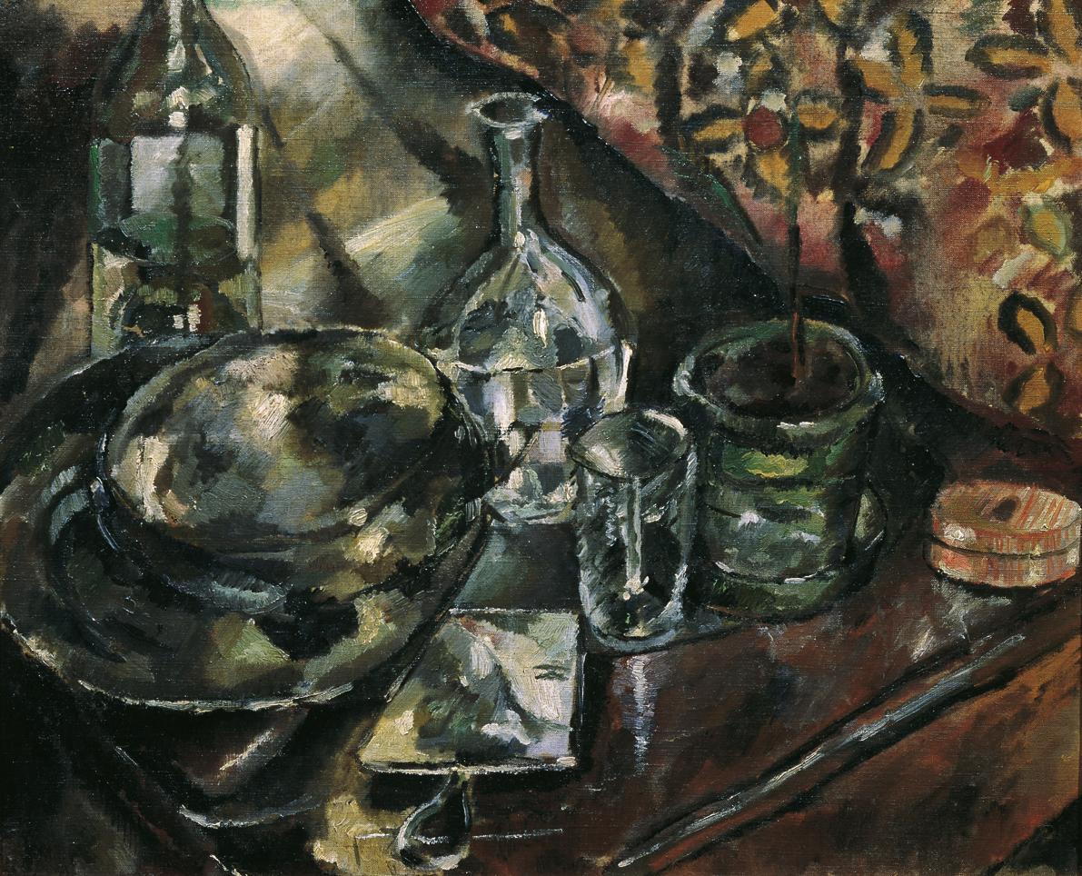 Albert Paris Gütersloh, Stillleben mit Flaschen und Silberschüssel, 1910, Öl auf Leinwand, 50,5…