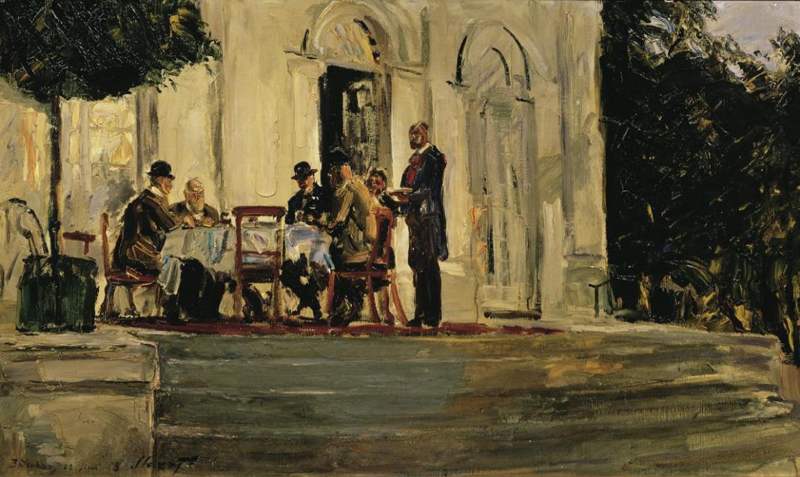 Max Slevogt, Souper auf der Terrasse der Badenburg im Nymphenburger Schloßpark, 1908, Öl auf Le…