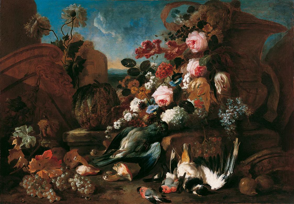 Franz Werner Tamm, Stillleben mit Blumen, toten Vögeln und Ruinenstücken, 1712, Öl auf Leinwand…