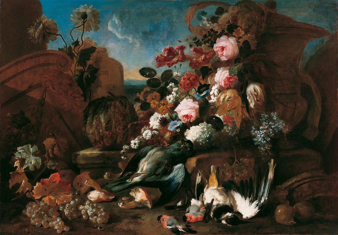 Franz Werner Tamm, Stillleben mit Blumen, toten Vögeln und Ruinenstücken, 1712, Öl auf Leinwand ...