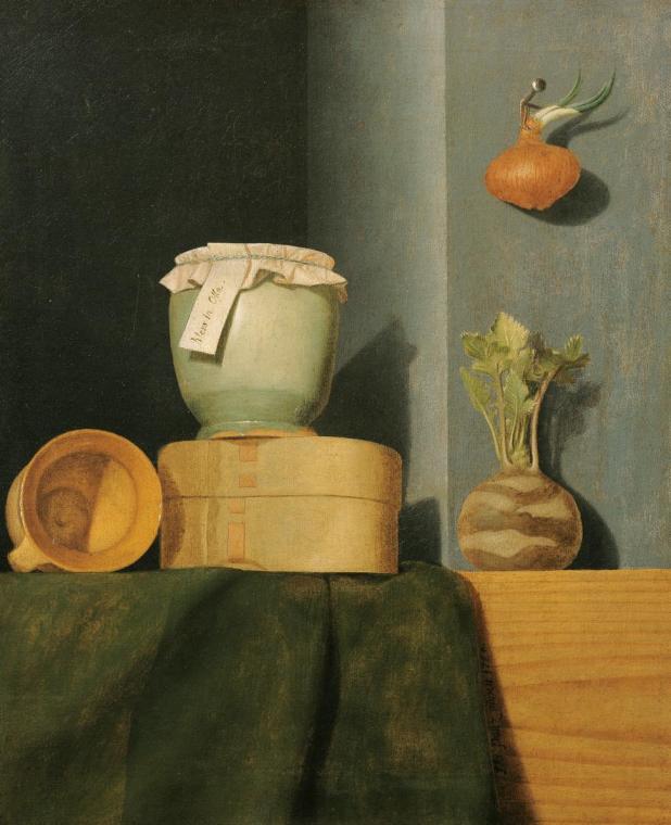 Anna Maria Punz, Stillleben mit Küchengeschirr, Zwiebel und Kohlrabi, 1754, Öl auf Leinwand, 53…