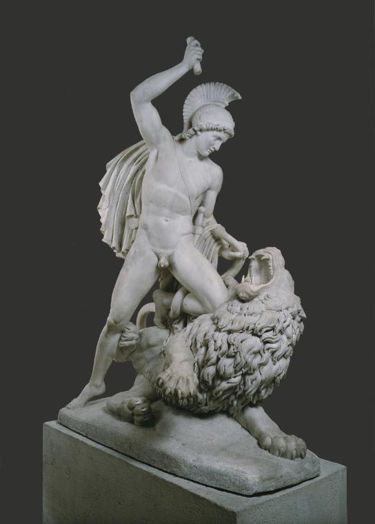 Johann Nepomuk Schaller, Bellerophon im Kampf mit der Chimeira, 1821, Marmor, H. mit Sockel: 27…