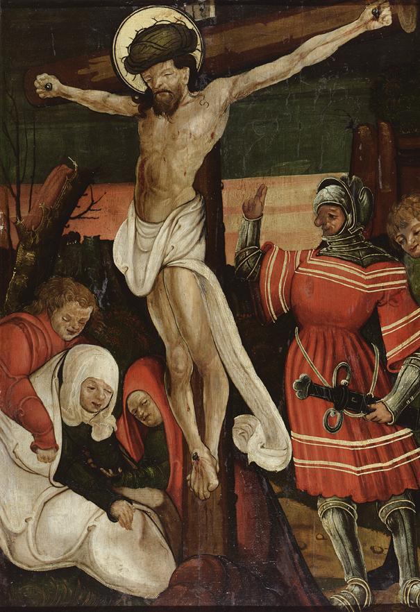 Donauländischer Maler, Kreuzigung Christi, um 1510/1520, Malerei auf Laubholz (wahrscheinlich L…