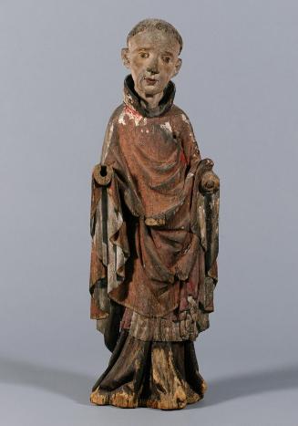 Niederösterreichischer Bildschnitzer, Mönchsheiliger, um 1430, Lindenholz, Fassungsreste, H: 84…