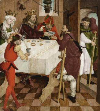 Meister der Oswaldlegende, Almosenspende des hl. Oswald, um 1480/1485, Malerei auf Tannenholz, …