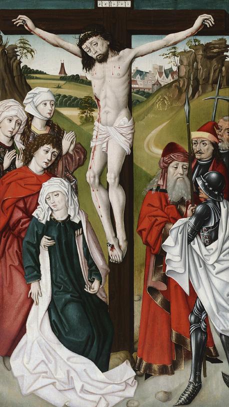 Meister des Schottenaltars (Umkreis), Kreuzigung Christi, Wien, um 1475, Malerei auf Eichenholz…