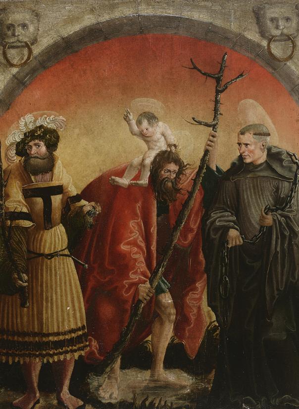 Meister der Crispinuslegende, Hl. Achatius, Christophorus und Leonhard, um 1520, Malerei auf Fi…