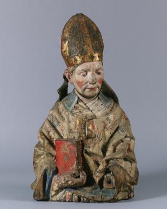Südtiroler Bildschnitzer, Halbfigur eines Bischofs, 3. Viertel 15. Jahrhundert, Zirbenholz, gef…