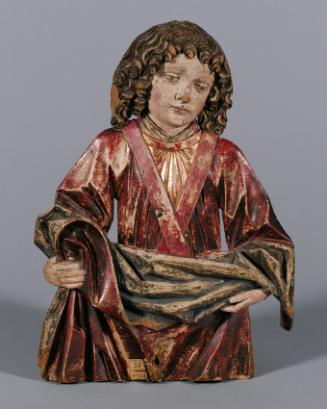 Südtiroler Bildschnitzer, Vorhang haltender Engel, um 1465/1470, Zirbenholz, Reste originaler F…